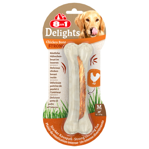Косточка прессованная 8in1 Delights Strong для собак, с куриным мясом в жесткой говяжьей коже, M (14,5 см), 1 шт.