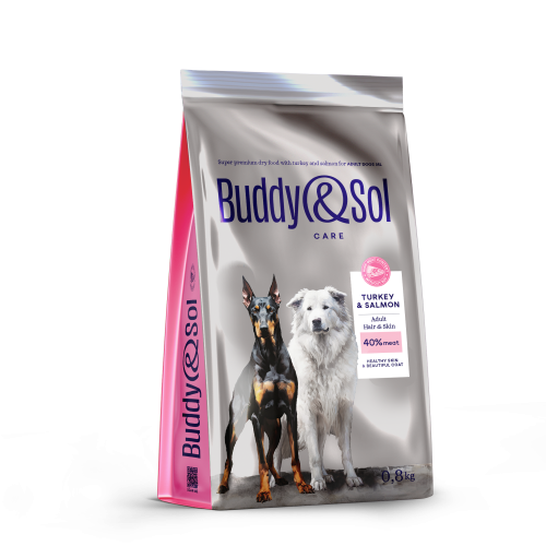 Детальная картинка Buddy&Sol CARE HAIR & SKIN сухой корм суперпремиум-класса с индейкой и лососем для взрослых собак средних и крупных пород 0,8кг