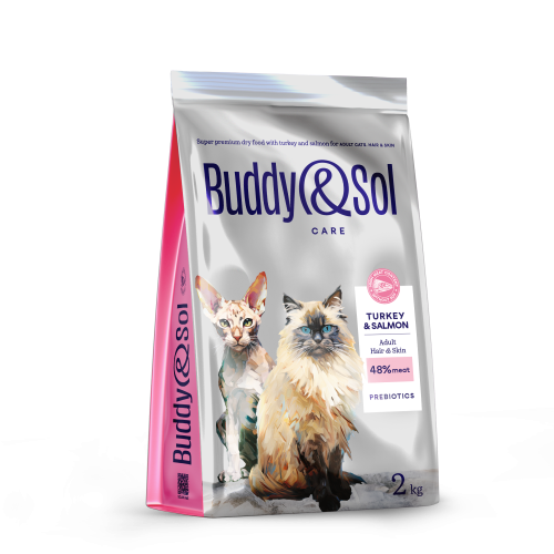 Детальная картинка Buddy&Sol CARE HAIR&SKIN сухой корм суперпремиум-класса с индейкой и лососем для кошек с чувствительной кожей 2кг
