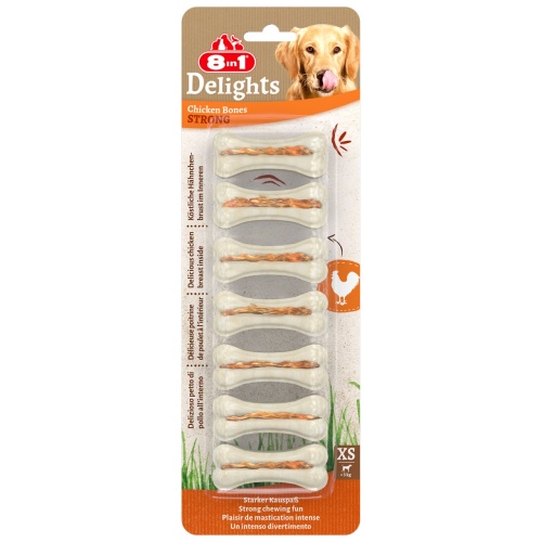 Детальная картинка Косточки прессованные 8in1 Delights Strong для собак, с куриным мясом в жесткой говяжьей коже, XS (7,5 см), 7 шт.