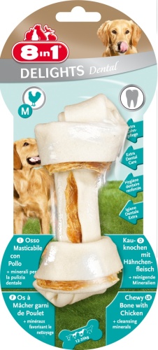 Детальная картинка Косточка 8in1 Delights Pro Dental для очистки зубов собак, с куриным мясом в жесткой говяжьей коже, M (14 см), 1 шт. фото 2