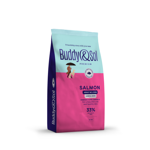 Детальная картинка Buddy&Sol PREMIUM HAIR & SKIN Полнорационный сухой корм премиум-класса с лососем для взрослых собак средних и крупных пород. Здоровая кожа и красивая шерсть 10кг