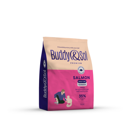 Детальная картинка Buddy&Sol PREMIUM ADULT HAIR & SKIN Полнорационный сухой корм премиум-класса с лососем для взрослых кошек, здоровая кожа и красивая шерсть 0,4кг