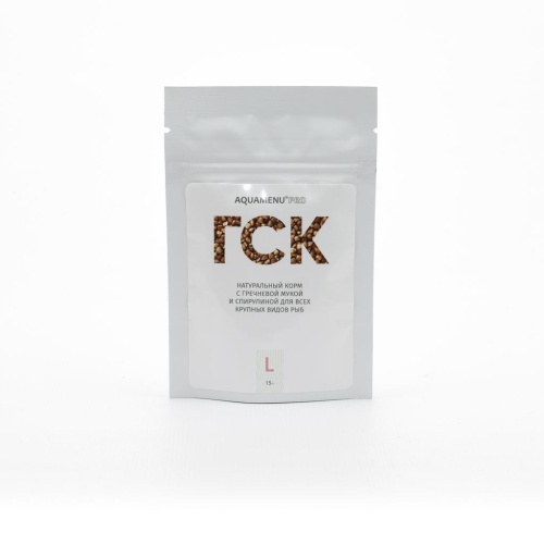 Детальная картинка Корм ежедневный AQUAMENU PRO ГСК-L (пакет дой-пак 15г), гранулы с гречневой мукой и спирулиной, для крупных растительноядных и всеядных рыб в пресноводном и морском аквариуме