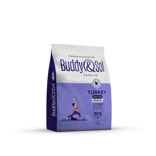 Детальная картинка Buddy&Sol PREMIUM SENSITIVE Полнорационный сухой корм премиум-класса с индейкой для взрослых кошек с чувствительным пищеварением 0,4кг