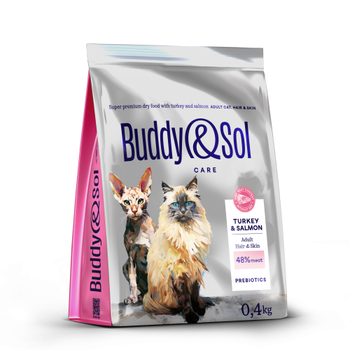 Детальная картинка Buddy&Sol CARE HAIR&SKIN сухой корм суперпремиум-класса с индейкой и лососем для кошек с чувствительной кожей 0,4кг