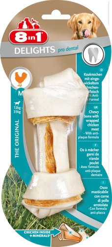 Детальная картинка Косточка 8in1 Delights Pro Dental для очистки зубов собак, с куриным мясом в жесткой говяжьей коже, M (14 см), 1 шт.