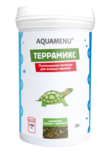 Детальная картинка Корм AQUAMENU Террамикс  с гаммарусом 100 мл., для водных черепах в виде плавающих гранул и гаммаруса NEW